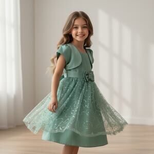 Trendy Girl Brand Girls Green Sequin Tulle Bling Bow Cap Sleeve Dress Size 4T